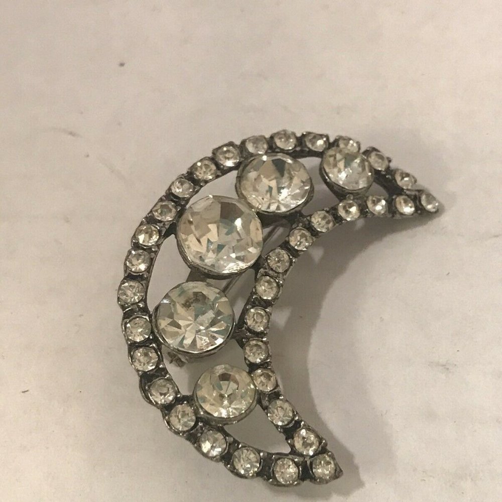 Vtg Rinestone Moon Brooch Starlight Costume v681